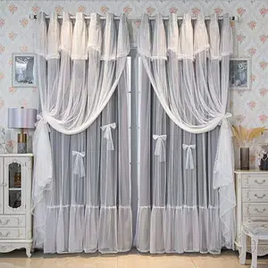 1pc Korean Cream Double Layer Sheer Curtain with Wave Design, Princess Bedroom Lace Drapes for Light Blocking & Living Room Decor, Bedroom Curtains Arch