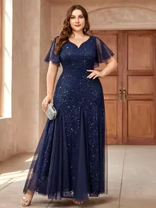 【Plus Size】Missmay YP24234 Women's Plus Size Sweetheart V Neck Sequins Lace Tulle Shortsleeve Mermaid Hemline Formal Wear Festival Evening Party Maxi Dress