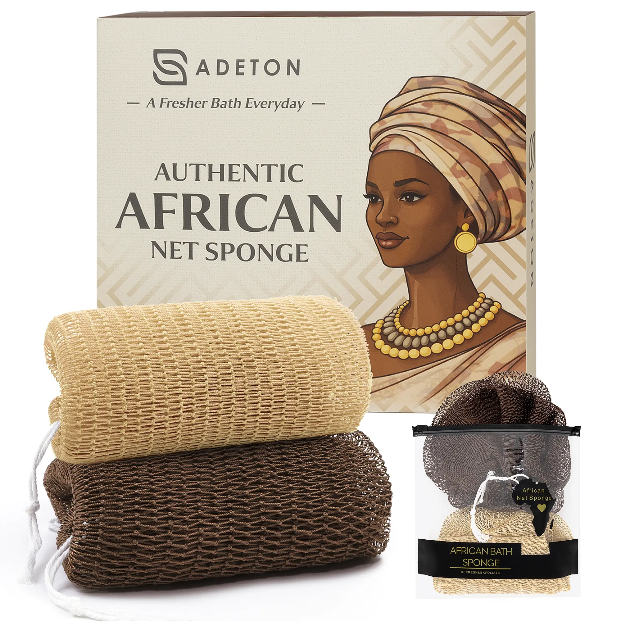 Authentic African Net Sponge, 2-Pack | Knotted Exfoliating Shower Sponge for Soft, Smooth, and Glowing Skin (Brown & Beige)