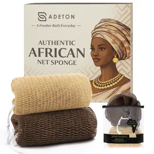 Authentic African Net Sponge, 2-Pack | Knotted Exfoliating Shower Sponge for Soft, Smooth, and Glowing Skin (Brown & Beige)