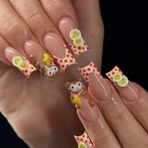 Cute Monkey Banana Press On Nails, 3D Cartoon French Tip Nails, Bright Polka Dot French Tip Nails, 3D Cartoon Acrylic Nails, Monkey nails