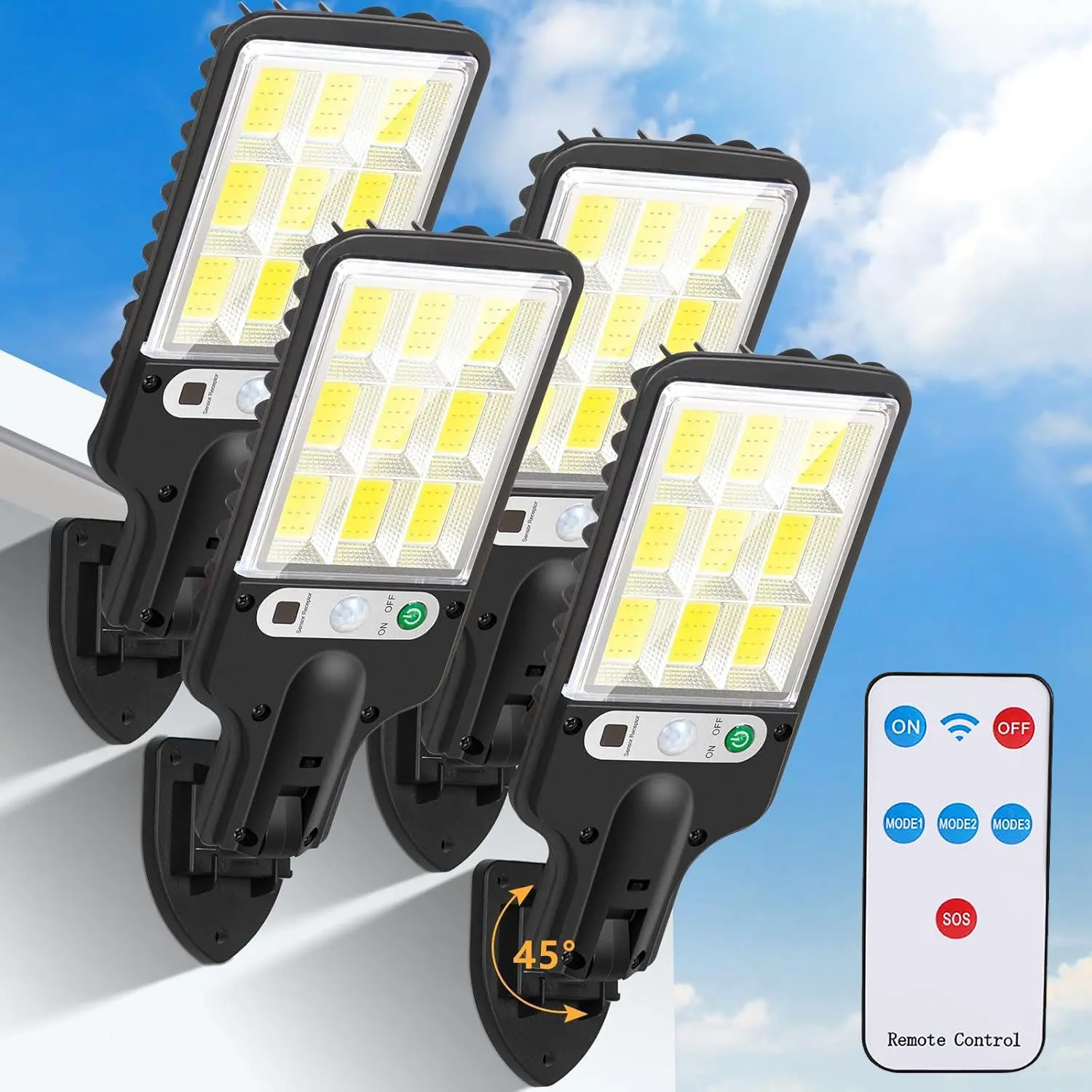 Solar Powered Outdoor,4 Counts Solar Sensor  with Remote Control, LED Safety for garden,Garage, Yard, Outdoor Wall-Mounted garden light#Essential Christmas Decorations