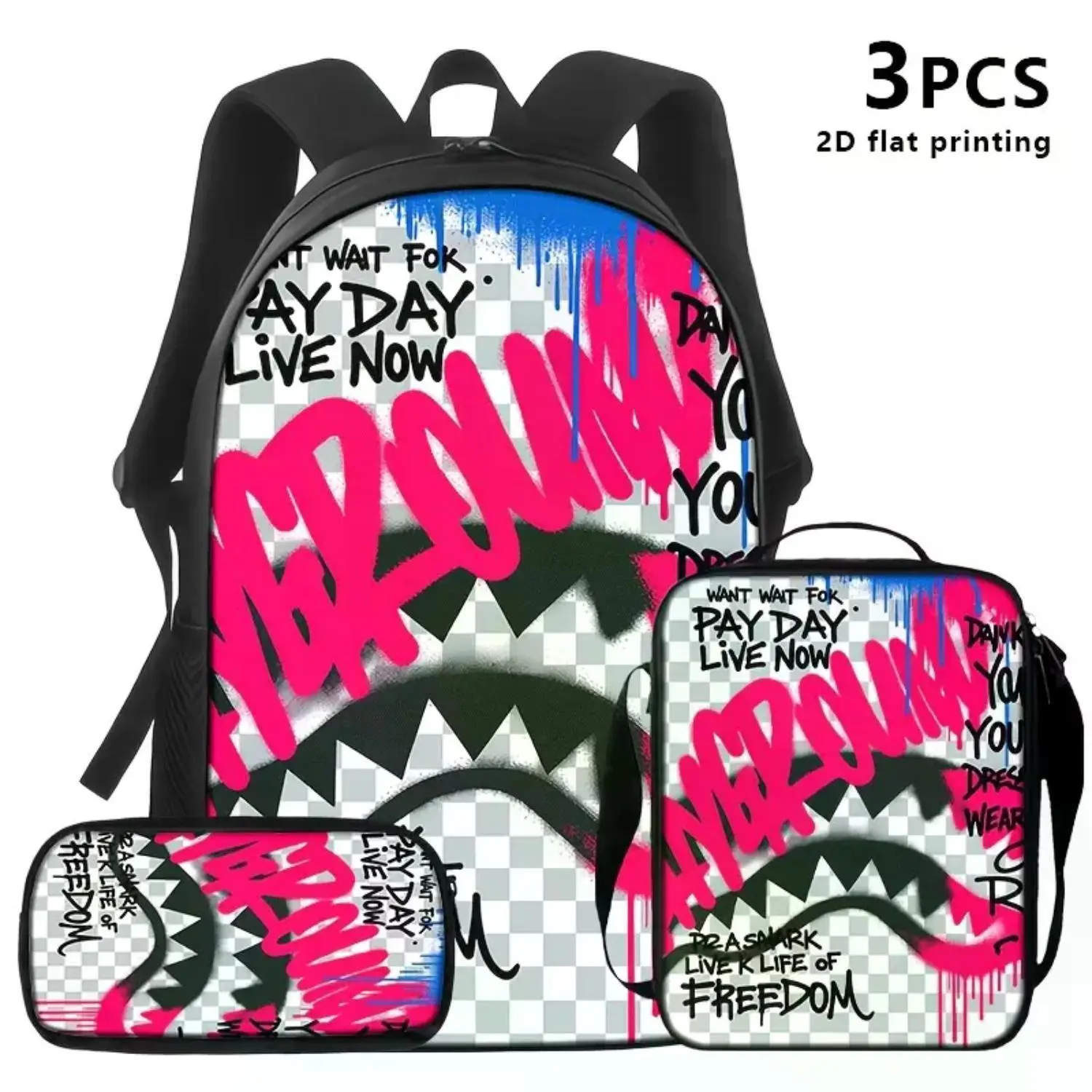 Graffiti Shark 3-Piece Backpack Set with Lunch Bag & Pencil Case, Street Art Oxford School Backpack for Kids & Teens