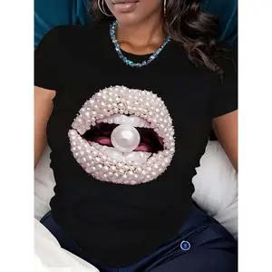 Women's stylish Pearl Lip Print T-shirt - casual short sleeve crew-neck top, breathable polyester, machine washable - perfect for spring and summer