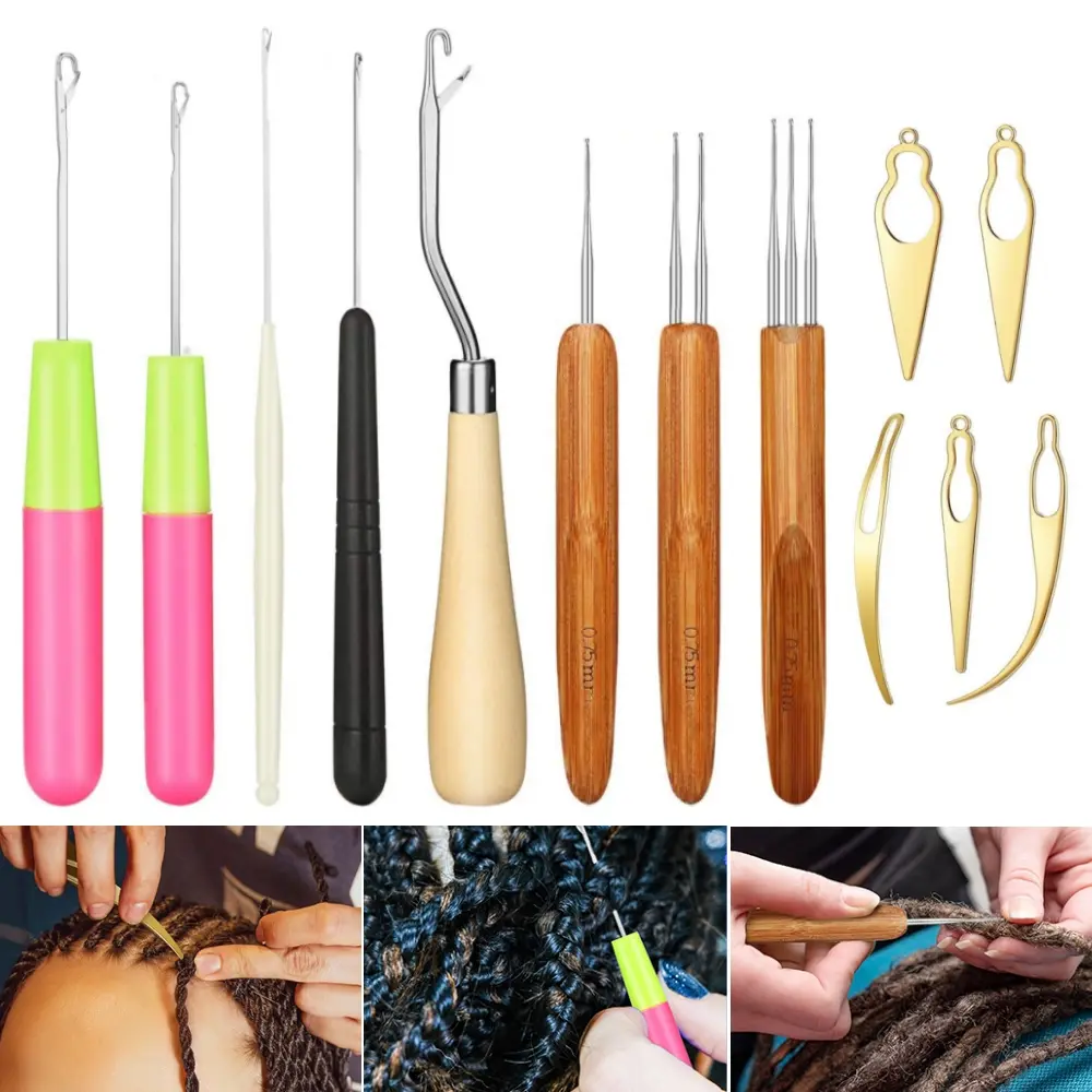 Dreadlock Crochet Needle Tool Set Small Crochet Hooks Needle Interlocking Tool Includes 3 Dreadlock Crochet Needles, 5 Interlocking Tools for Locs, 5 Bent Latch Hooks for Hair Braiding, Scarf