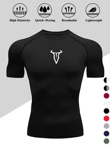 Men's Quick-Dry Compression T-Shirt, Breathable High-Elastic Tight Fit Short Sleeve, Bull Horn Print, Ideal for Fitness, Cycling, Running, Outdoor Activities