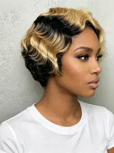 1b27 Finger Wave Human Hair Short Pixie Cut Wig, Curly Style, Natural Look, Perfect for Women, Easy to Wear, Stylish and Comfortable