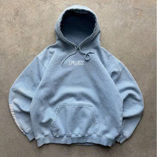 Vintage Blue Fox Racing Spellout Hoodie Oversized Y2k 90s Summer Cotton Fitted Round Neck Casual Wear Gym Clothes