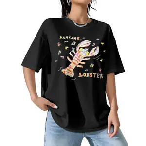 Dancing Lobster Personalized Colorful Lobster Print Minimalist Pure Cotton Women'S T-Shirt, Breathable And Soft Summer Streetwear, Comfortable Casual Top, Harajuku Style Travel Tee, Customizable Short-Sleeved Shirt.