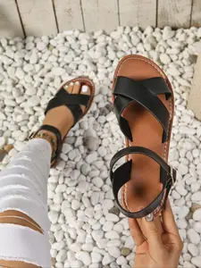 Women's Summer Flat Multi Strap Sandals, Anti-Slip Odor-Resistant Sweat-Absorbent, Casual Daily Wear, Peep Toe, Medium Width, Plain Pattern, Fashionable Breathable Sandals