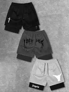 Men's Cross & Graphic Print 2 in 1 Drawstring Waist Shorts, Casual Regular Fashion Fit Shorts for Summer, Men's Bottoms for Daily Wear, Letter Print Shorts, Breathable Printed Shorts, Casual Fashionable Shorts