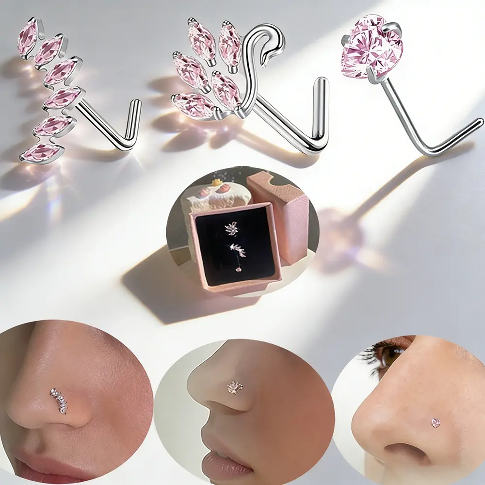 3PCS 20G Nose Rings for Women,Unique Design Zircon Series Stainless Steel L Shaped Nose Ring,Pink Nose Piercing Jewelry Kit