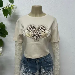 Champagne T-Shirt with Sheer Floral Design Sleeves Cheetah Print Heart Rhinestones Fashion Top