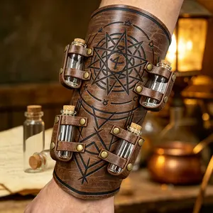 HiiFeuer Medieval Embossed Alchemy Bracers with 8 Cork Vials, Fantasy Faux Leather Buckle Arm Guards Magic Archer Gauntlets Protective Outdoor