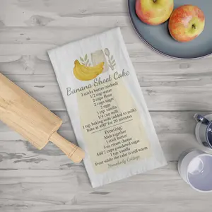 Homebody Cottage Banana Sheet Cake Recipe Tea Towel Vintage Inspired Kitchen Decor Baking Cleaning Farmhouse Style Gift Print White