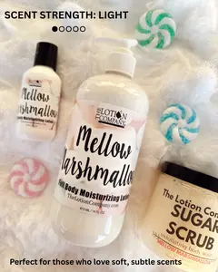 Mellow Marshmallow Body Lotion & Sugar Scrub – 16 oz, 2 oz Travel & 11 oz Options (light, soft & mellow scent) – The Lotion Company
