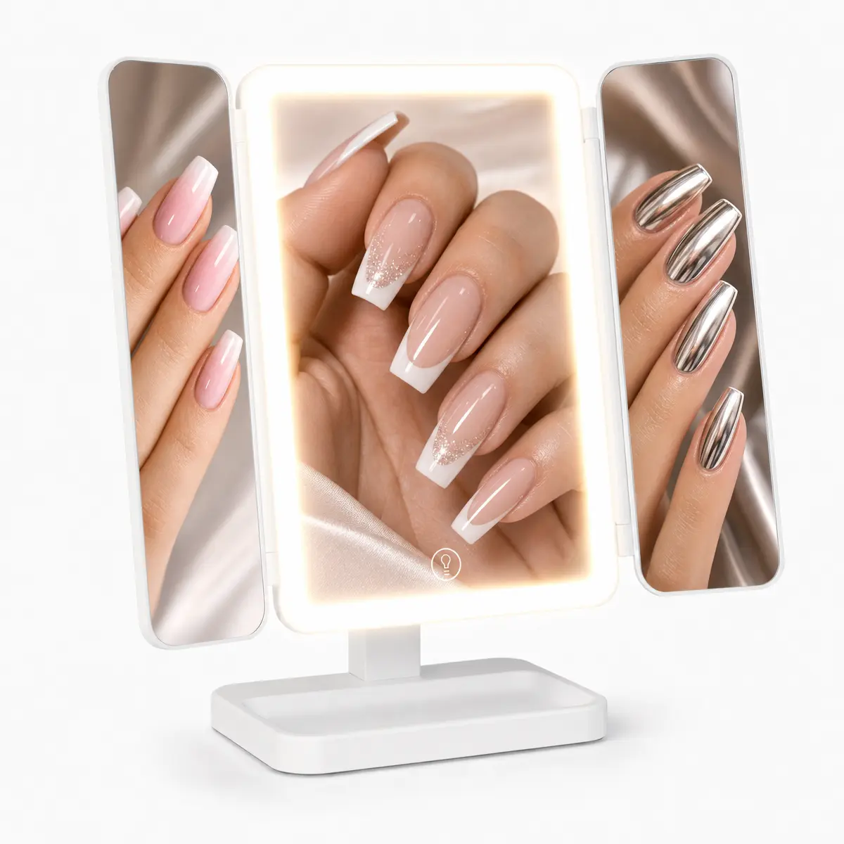 LED Lighted Trifold Vanity Mirror - 2X/3X HD Magnification, Touch-Dimmable 3-Color Lights, 360° Adjustable, Rechargeable Portable Tabletop Cosmetic Mirror for Bedroom & Travel