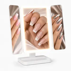 LED Lighted Trifold Vanity Mirror - 2X/3X HD Magnification, Touch-Dimmable 3-Color Lights, 360° Adjustable, Rechargeable Portable Tabletop Cosmetic Mirror for Bedroom & Travel
