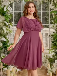 Elegant Plus Size Women's Round Neck Ruffle Sleeve Waist Cinching Fit Bridesmaid Dress, Recycled Fabric, Party Wear, Formal Occasions