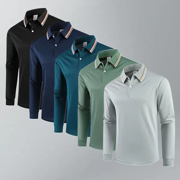 Men’s 5-Pack Long Sleeve Polo Shirts – Contrast Striped Collar, Moisture-Wicking Fabric, Essential for Casual and Professional Wear in Spring and Autumn