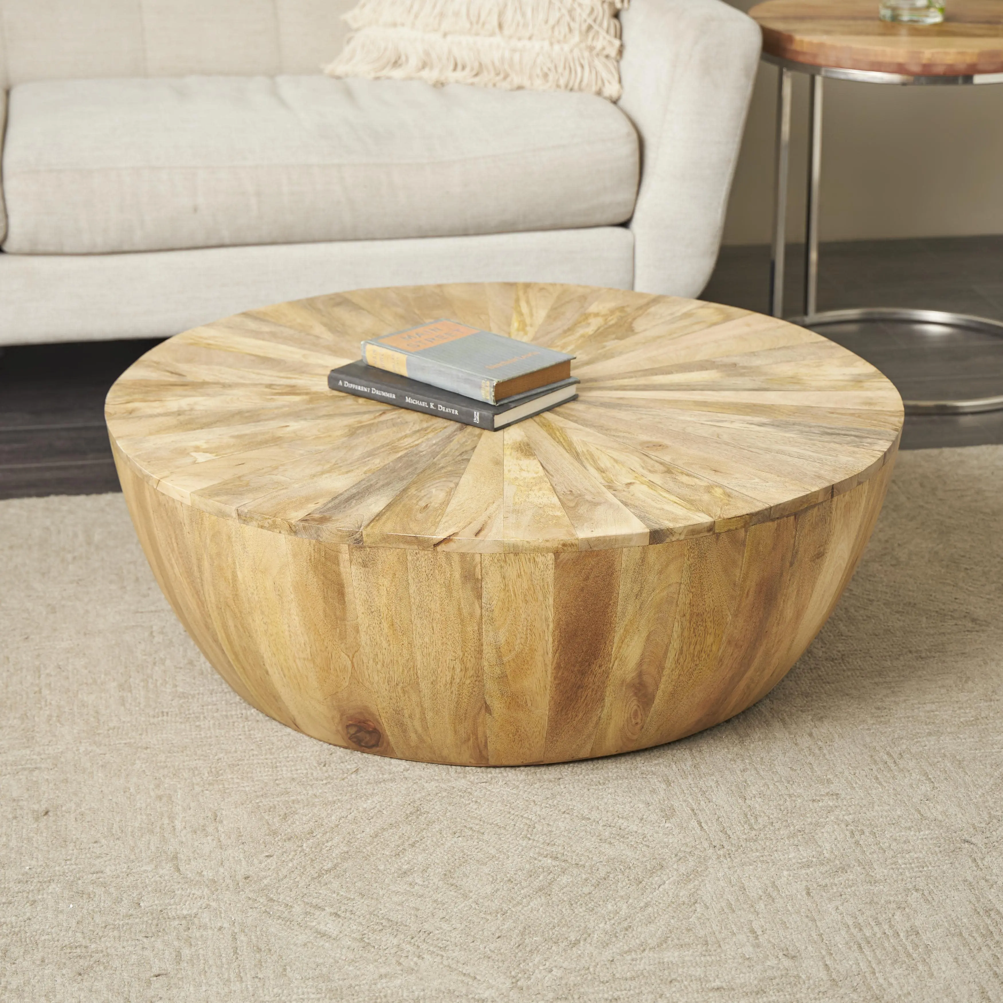 Brown Mango Wood  Handmade Round Living Room Coffee Table, 36" x 36" x 13", 36X36 In, One-Piece