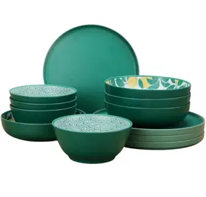 Bamboo Melamine 12-Piece Dinnerware Set, Lemon & Green
