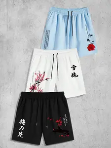 Men's Fashion Casual Simple Floral Pattern Print Multi-Color Shorts 3 Pack, Loose-Fitting Short Pants for All Seasons