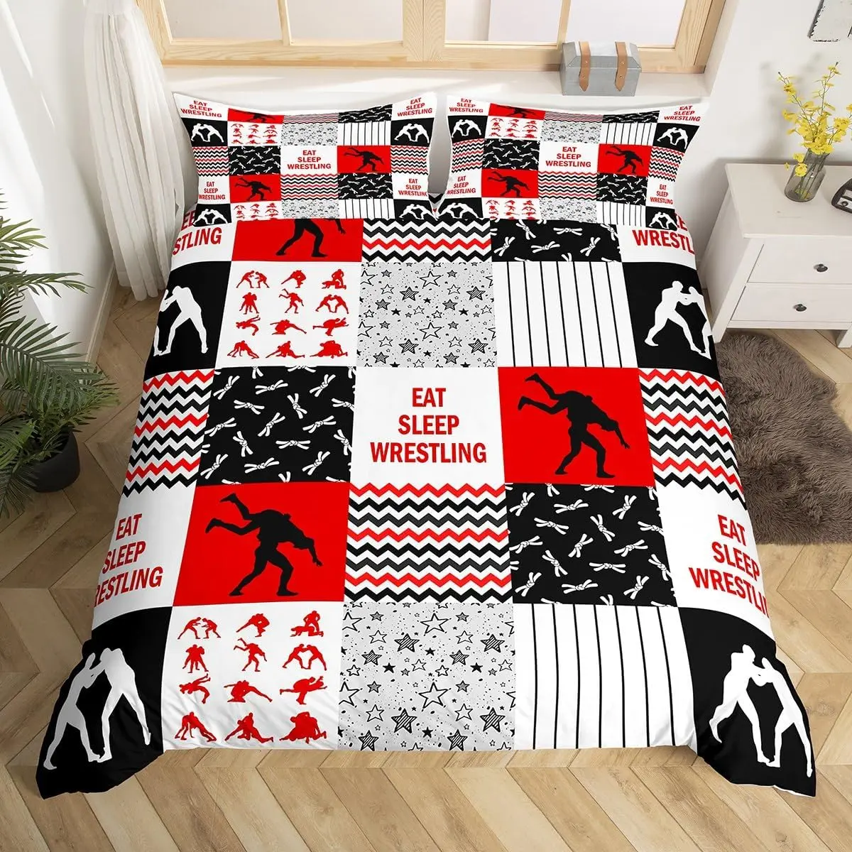 Wrestler Duvet Cover Set,Men Wrestling Sports Comforter Cover Adult Room Decor,White Red Black Grid Patchwork Bedding Set Striped Stars Grid Quilt Cover