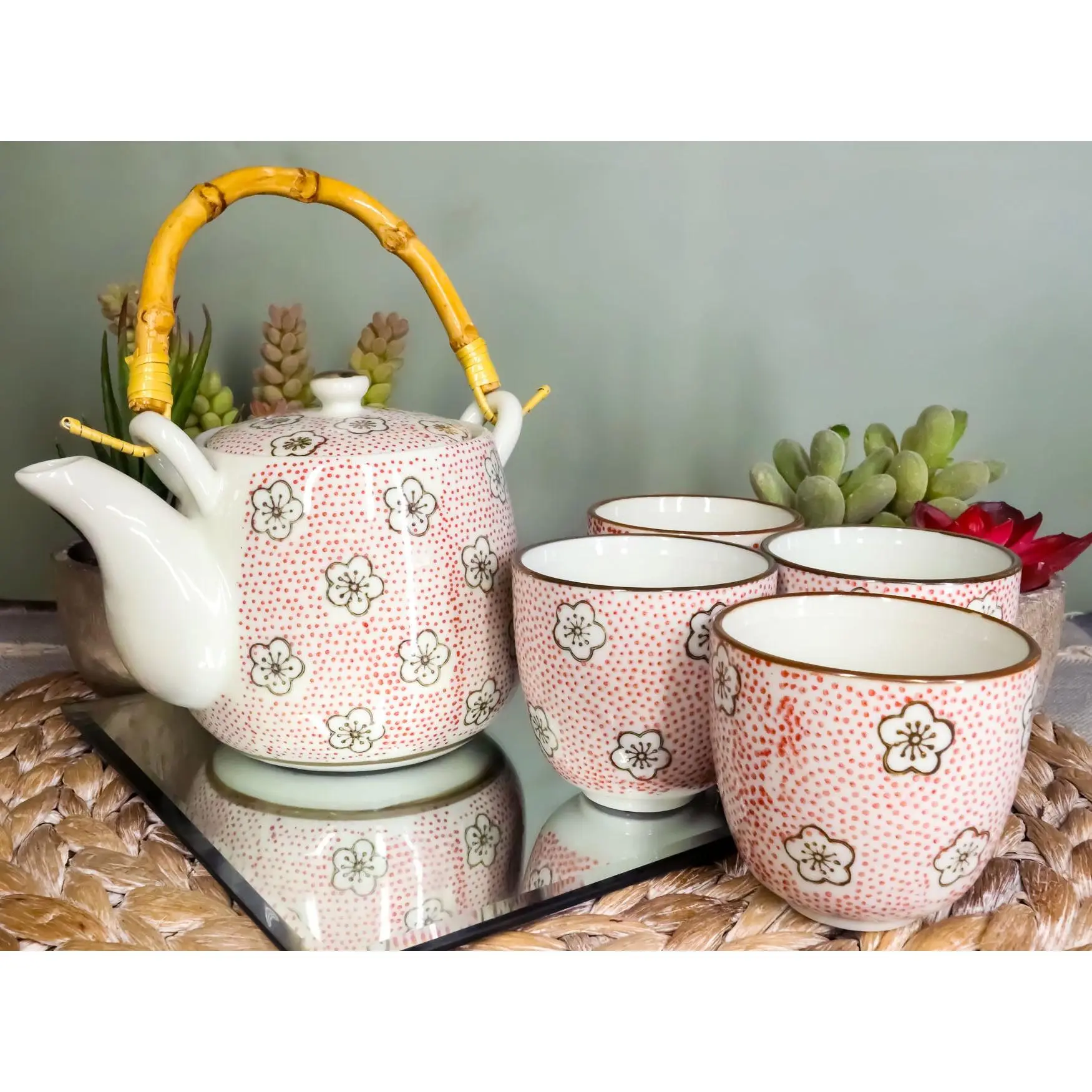 Japanese Red Cherry Blossom 20oz Ceramic Tea Pot & Tea Cups Set with Wooden Strainer, Dishwasher-Safe Ceramic Ware for 4 People