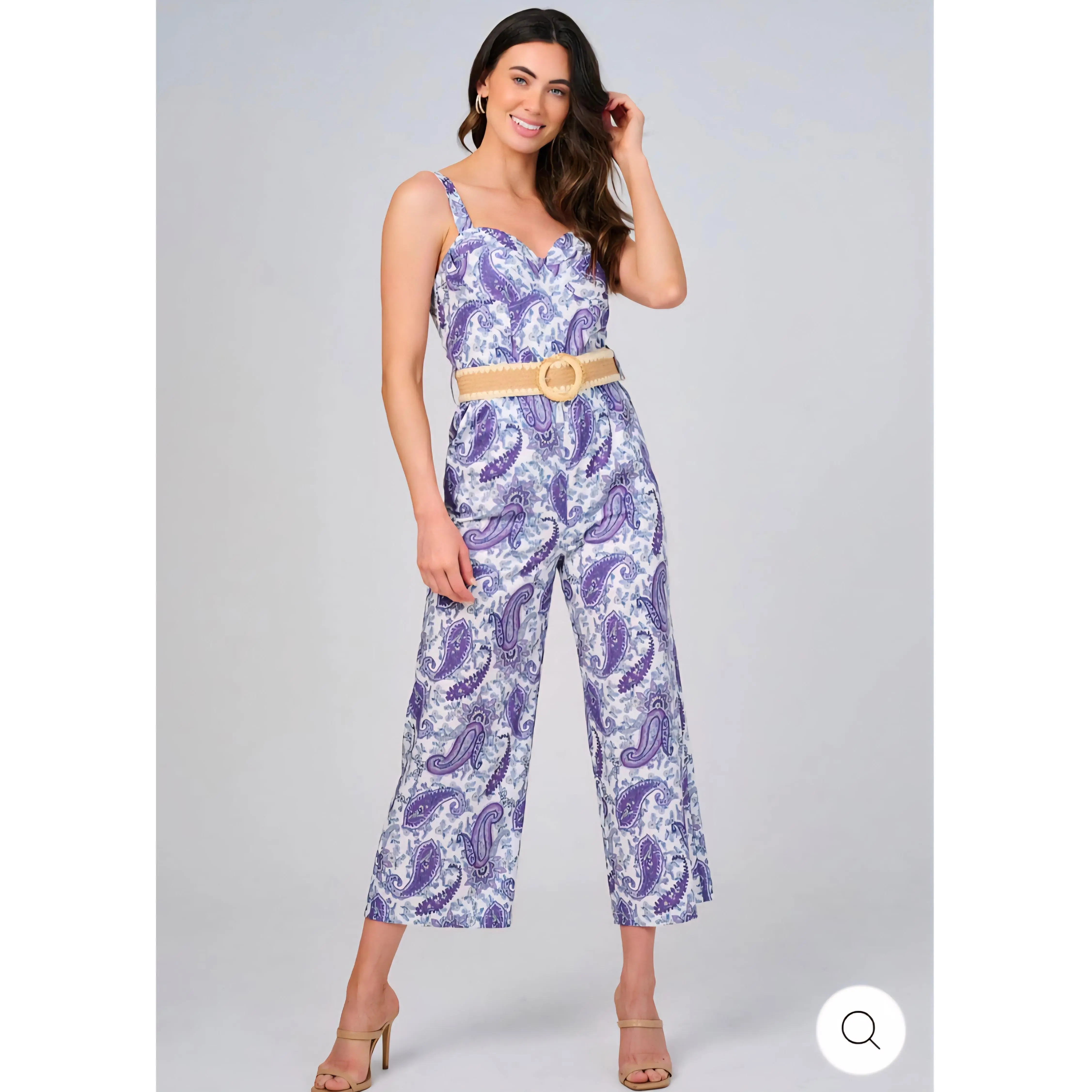 Women's Sleeveless V-Neck Front Pockets Belted Paisley Print Jumpsuit - Elegant & Chic Summer Style for Resort Wear, Breathable Fabric, Casual Chic Denim Dress