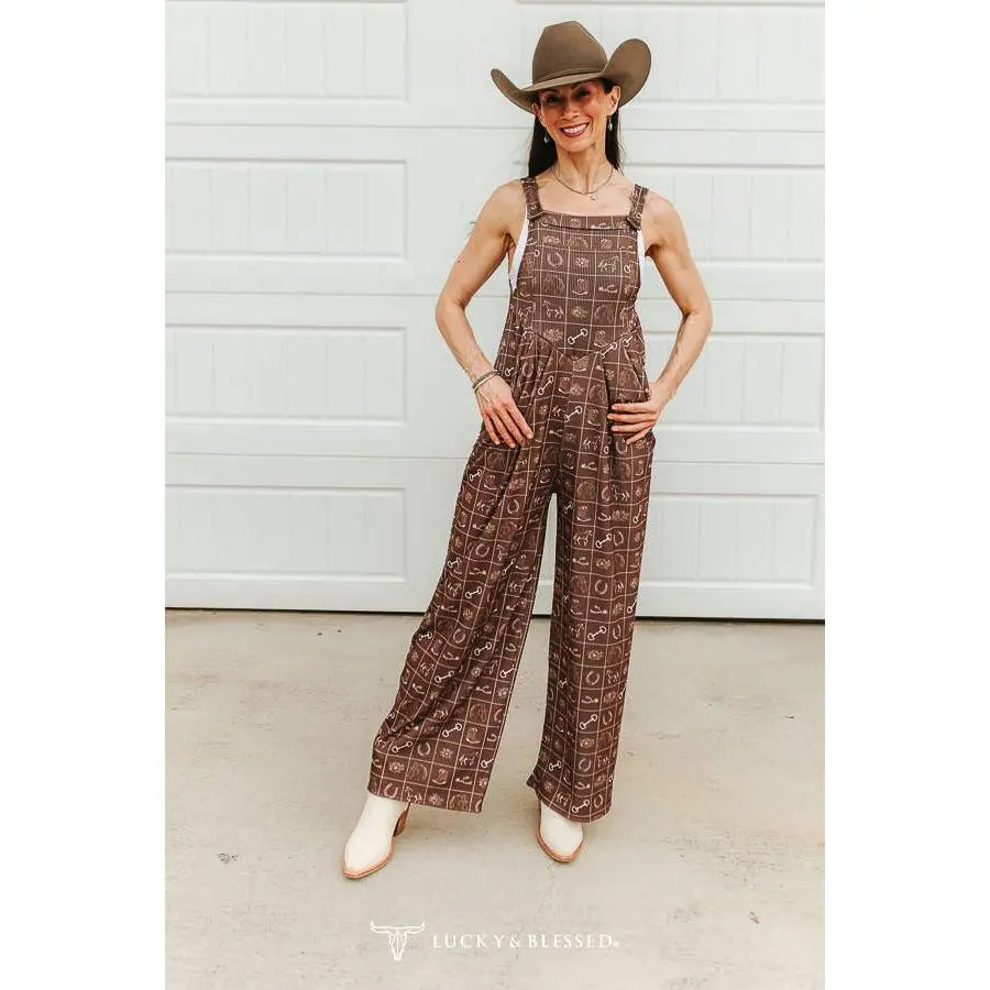 Women's Cowgirl Wide-Leg Brown Western Button-Strap Sleeveless Strappy Lightweight Jumpsuit, Stylish Women's Overalls Clothes