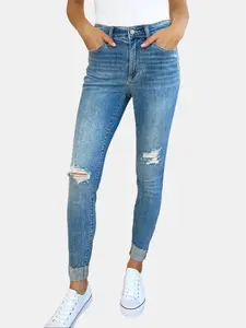 Trendsi Women's Full Size Casual Slim Fit Skinny Jeans - Mid Rise, Distressed, Stretchy, Cuffed Hem