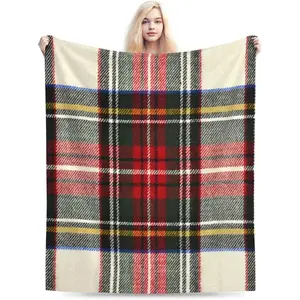 Scottish Tartan Red and White Wool Plaid Pattern Flannel Flannel Bed Blanket Throw Blanket Lightweight Cozy Plush Blanket for Bedroom Living Rooms Sofa Couch 50"x60"