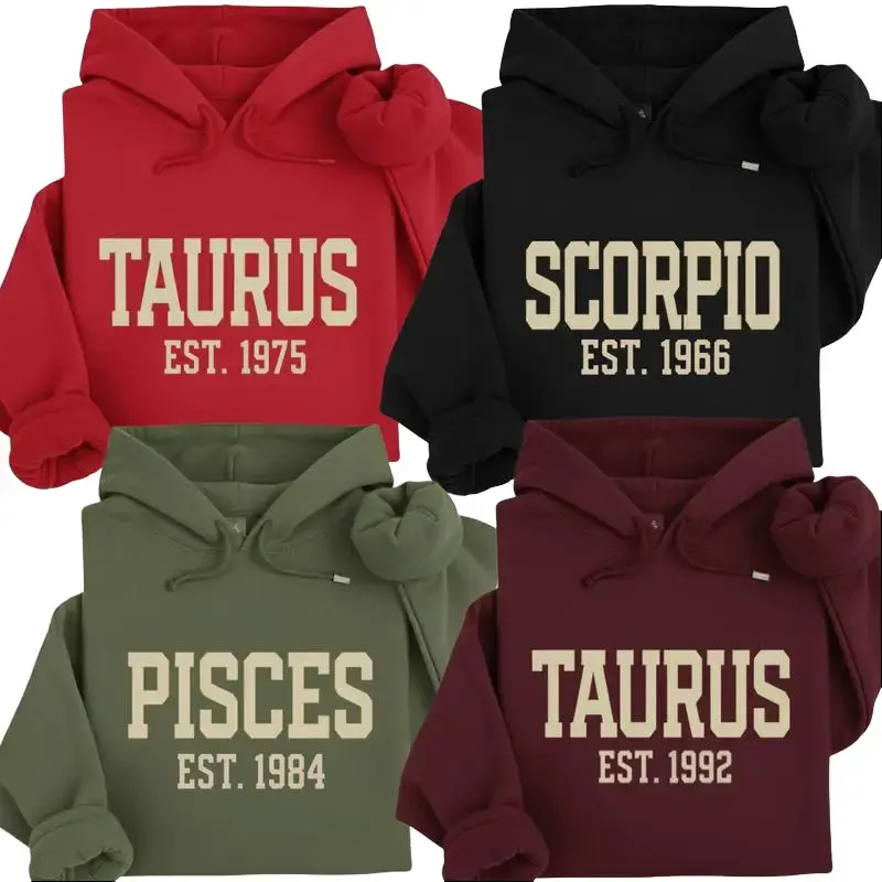 Women's Minimalist Zodiac Hoodie - Full 12 Astrology Sign, Customizable "EST." Year, Menswear Casual Long Sleeve Tops, Unisex Pullover, Perfect Horoscope Gift for Zodiac Lovers