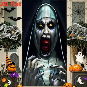 2D flat 1pc scary nun dark background fabric banner, devil image with glowing eyes and bloodstained teeth wall decoration banner, suitable for Halloween party decoration, haunted house photo background, polyester material