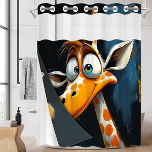 1pc hookless shower curtain with buckle lining, orange and white polka dot giraffe cartoon design, 2D flat printing, fabric waterproof lining, see-through double-layer shower curtain, 71 x 74 inches, modern home draping curtain.