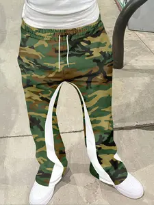 Military Camouflage Flare Pants Classic Streetwear Casual Long Pants, Fitted Geometric Pattern, All Seasons, Men's Fashion
