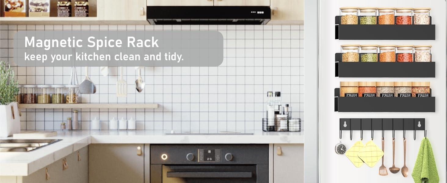 2 Pack-4 Pack Strong Magnetic Spice Rack Organizer for Refrigerator & Oven, Black Space-Saving Fridge Storage Shelf, No Drilling Kitchen Organizer for Spices, Jars and Seasonings