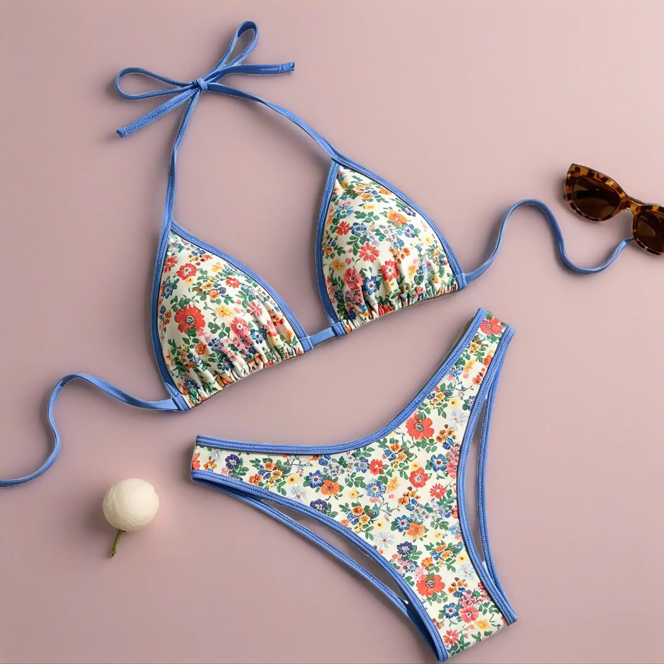 LIZENS Women's 2-Piece Floral Print Triangle Bikini Set - Halter Tie String Swimsuit with Blue Contrast Trim - Vintage Beach Vacation Swimwear