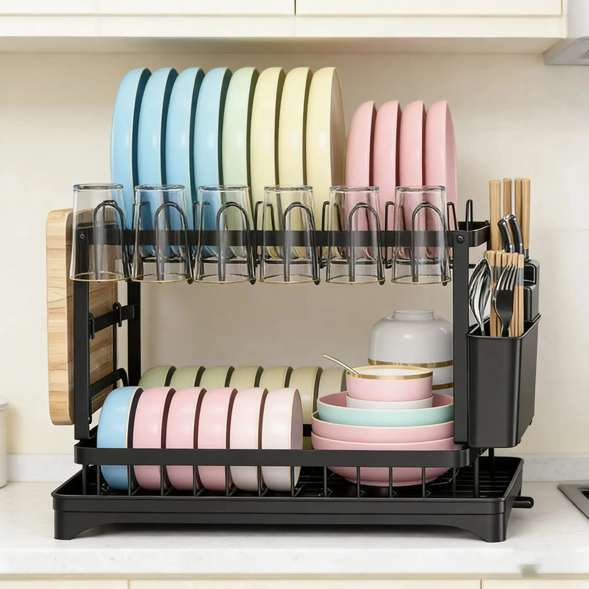 Matte Black Finish 2-Tier Countertop Tableware Rack with Utensils Holder, Drip Tray, 2-Shelf Draining Boards, Kitchen Home Supplies Storage Organizer