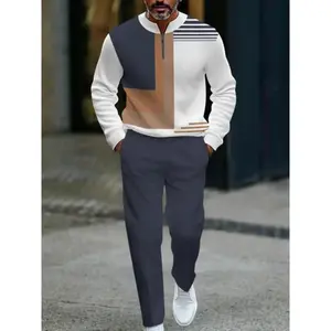 New men's 2-piece simple and versatile casual set for 2025, featuring a personalized geometric color blocked men's half zipper top and men's solid color casual loose straight leg pants, suitable for daily commuting