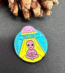 Alien and spaceship pin brooch, Funny Brooch For Backpack Hats