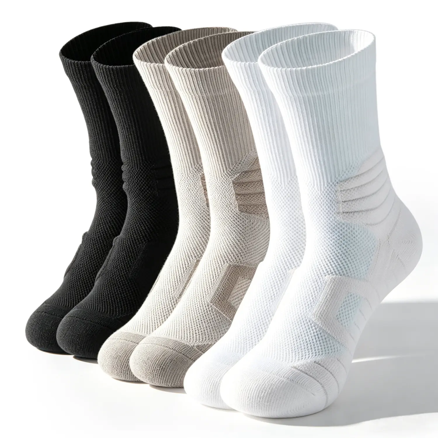 3 Pairs Unisex Crew Athletic Socks, Long Staple Cotton Breathable Mesh Moisture Absorbing Anti Slip Odor Proof Cushioned Compression Sports Socks for Running Basketball Cycling Hiking Workout Daily Wear