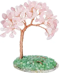 Rose Quartz Crystal Tree Pink Healing Crystals Stone Money Tree on Agate Slice Base with Tumbled Gemstone Copper Wire Crystal Tree of Life for Home Office Desk Feng Shui Decor Good Luck
