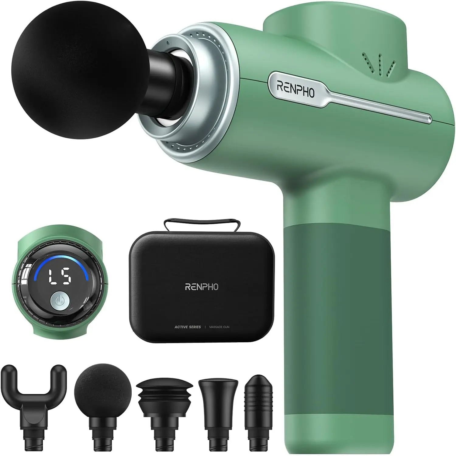 Active Massage Gun, Deep Tissue Percussion Back Massager for Neck, FSA Approved, Portable Handheld Massager with 5 Speeds, HSA, 5 Attachments, Carry Case, Green、