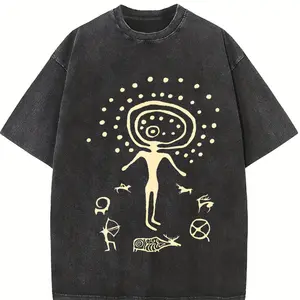 Men's Vintage Shamanic Petroglyph T-Shirt - Distressed Black Acid-Wash Tee with Suitable for - Casual Wear & Outdoor Adventures, Retro Shaman Design, Machine Washable Round Neck Graphic Shirt for and Everyday Use