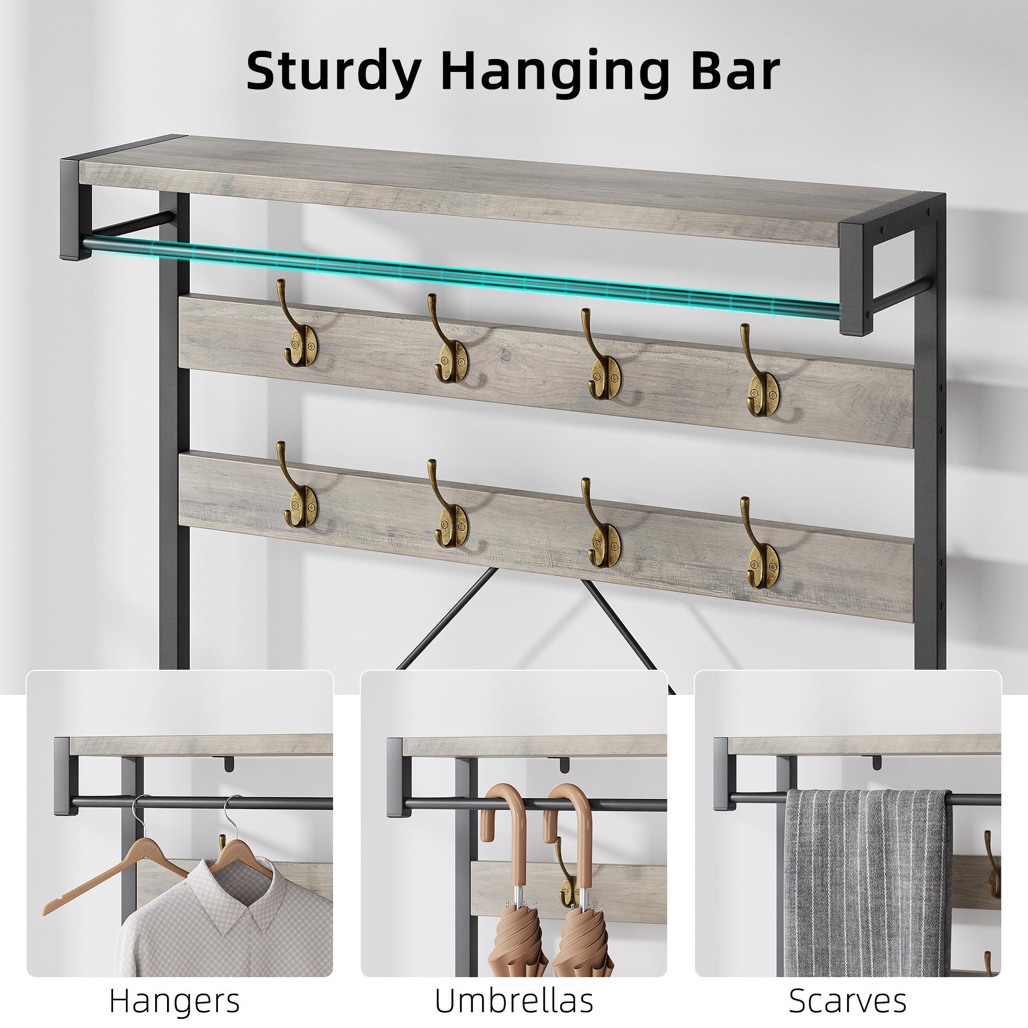 Industrial Hall Tree Coat Rack with 2-Tier Shoe Bench, 8 Hooks, Hanging Rod & Storage Shelf, Wood & Metal Entryway Organizer, Modern Farmhouse Accent Furniture for Hallway, Mudroom & Bedroom 39.9"x15.7"x72"