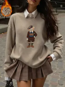 Fall Winter Women's Crew Neck Faux Wool Sweater with Bear Print, Soft Cozy Fabric for Layering, Vintage British Style Casual Top