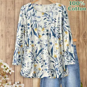 SageVell 100% Cotton Floral Print Long Sleeve Top Soft Touch Boho Spring Shirt Blouse Fabric Womenswear Casual Crewneck Fitted Cute Outfits