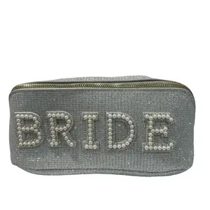 Bride Patch Makeup Bag with Pearls and Rhinestones, Travel Toiletry Pouch for Bridal Shower, Engagement, or Wedding Gift for Women